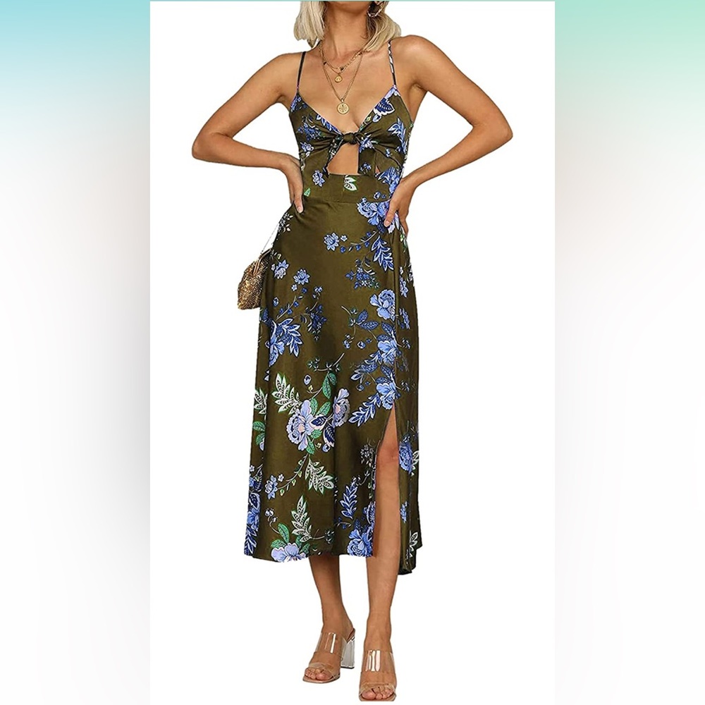 Fashionme Spaghetti Strap Midi Vintage Floral Satin Dress